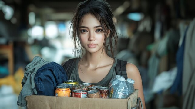 Woman with donations for community.