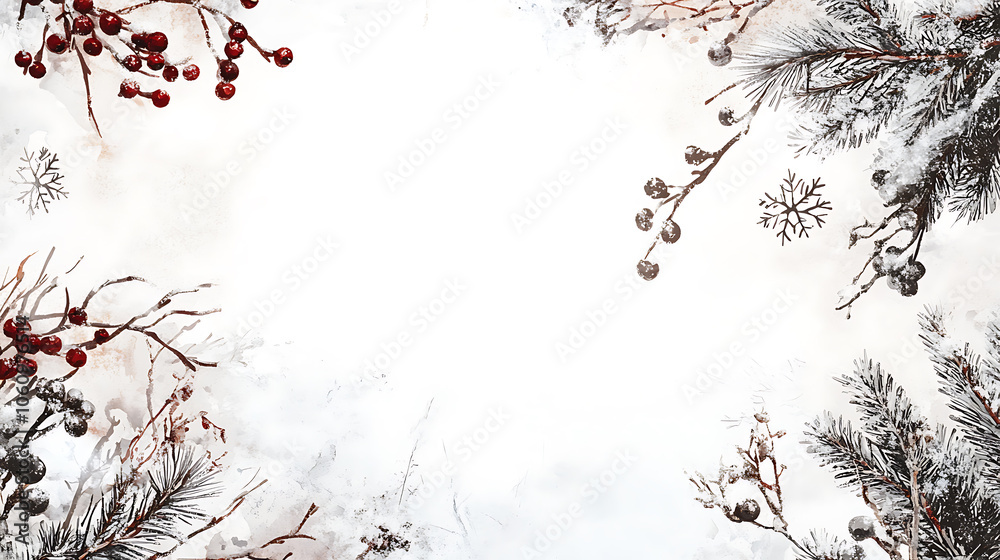 Aufkleber Winter watercolor background presentation design with text space for display, winter branches and berries, pine twigs and snowflakes on a white background with empty center area for text