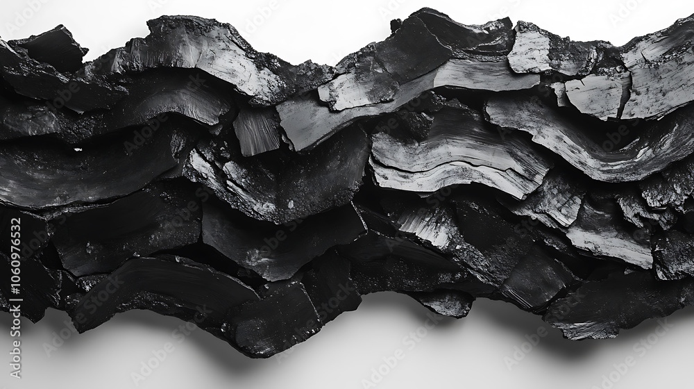 Poster Top view of black coal with pieces in the form of waves, lines, and shapes separated on a white background with texture