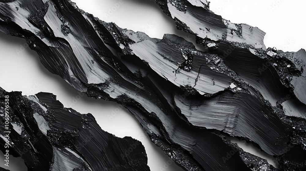Poster Top view of black coal with pieces in the form of waves, lines, and shapes separated on a white background with texture
