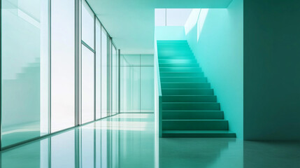 Obraz premium Modern Minimalist Interior Design with Green Staircase and Large Windows
