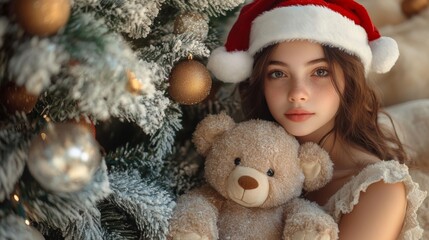 Girl with teddy bear by tree.