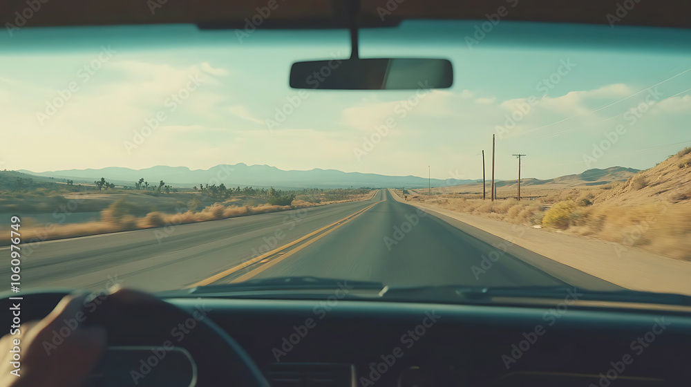 Poster the point, of, view perspective from a driving car on a highway captures the sense of motion and tra