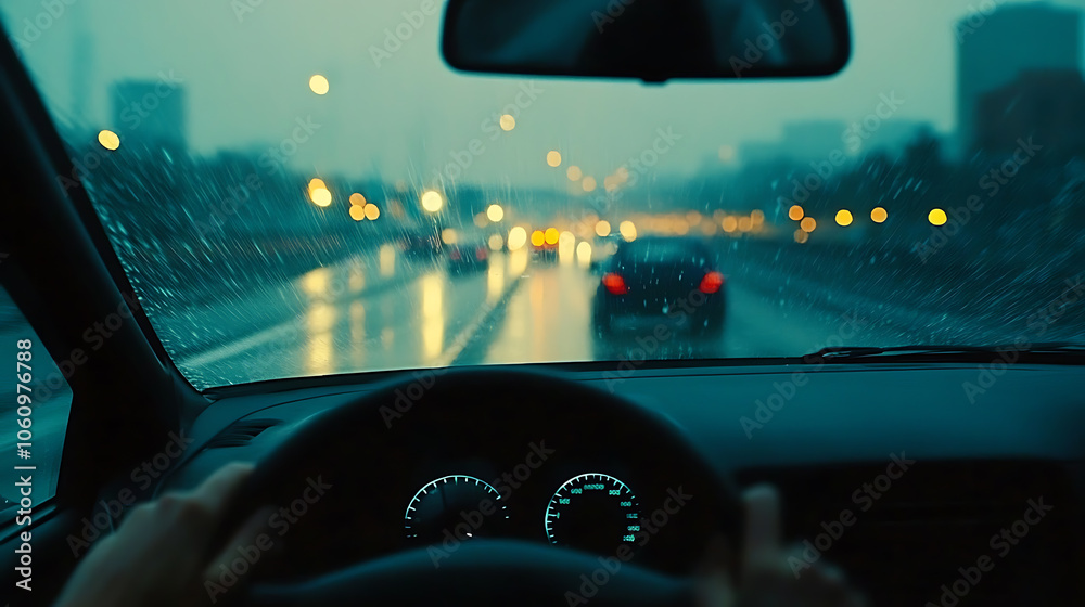 Poster the point, of, view perspective from a driving car on a highway captures the sense of motion and tra