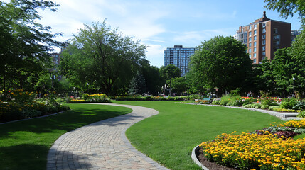 The green space of the park features grass, flowers and trees on both sides of a curved brick road leading to downtown