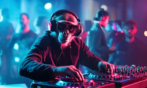 A monkey wearing headphones DJs at a vibrant party, surrounded by colorful lights and people.