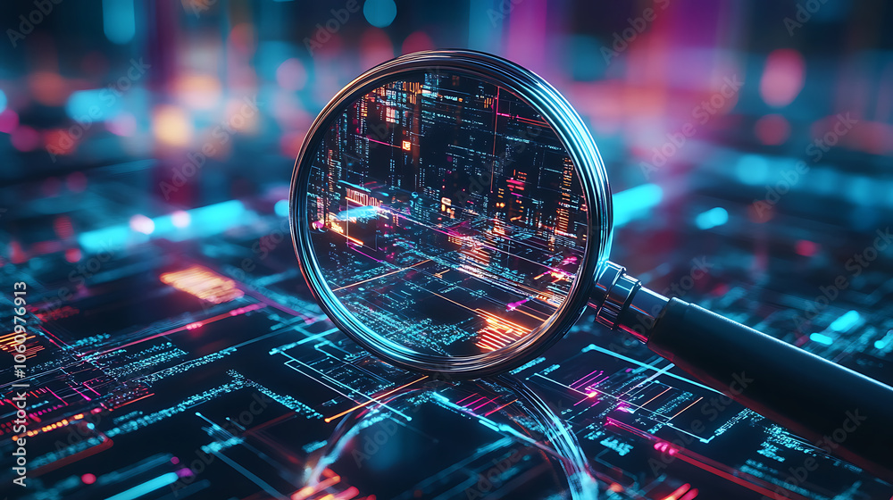Poster transparent vector illustration of a magnifying glass with a scan search concept and a futuristic el