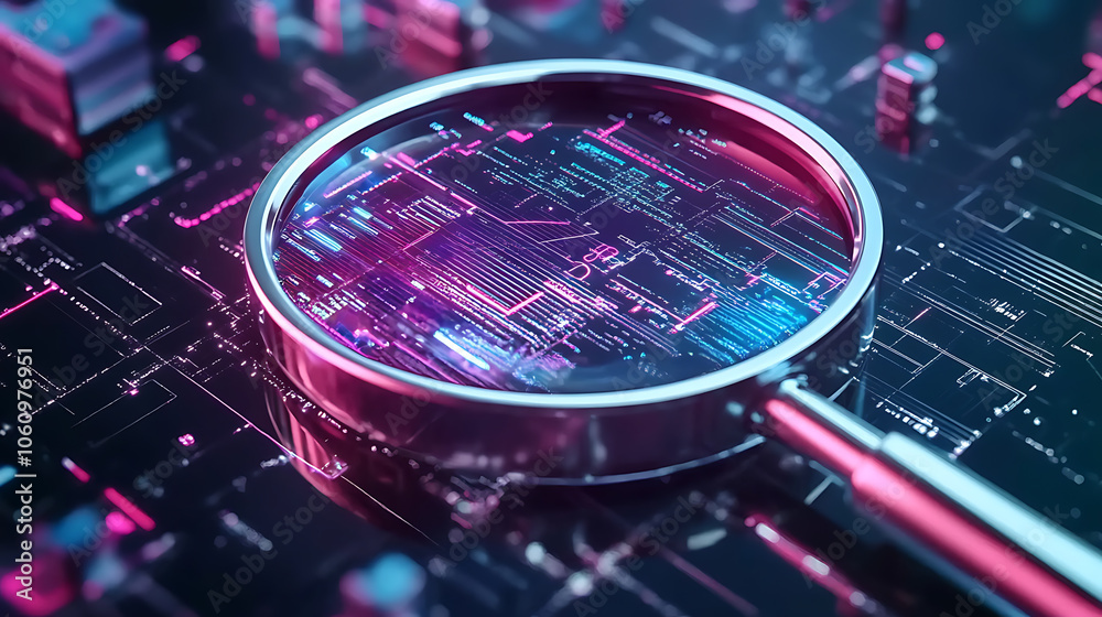 Poster Transparent vector illustration of a magnifying glass with a scan search concept and a futuristic electronic technology background