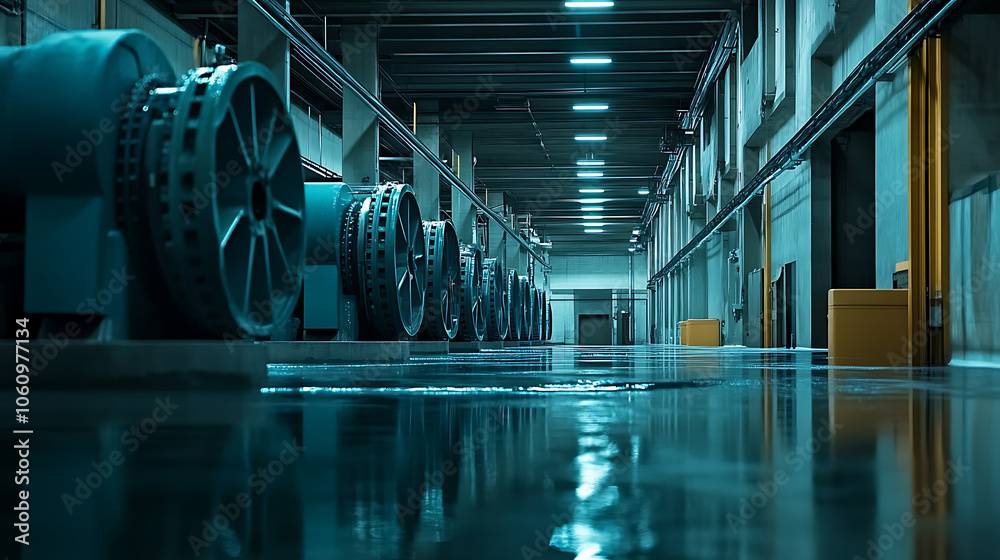 Poster view of water pumps within a large power plant, emphasizing their scale and importance in operations