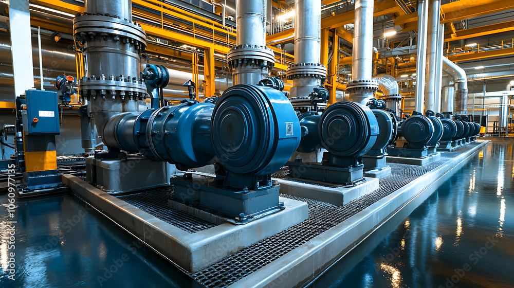 Aufkleber view of water pumps within a large power plant, emphasizing their scale and importance in operations