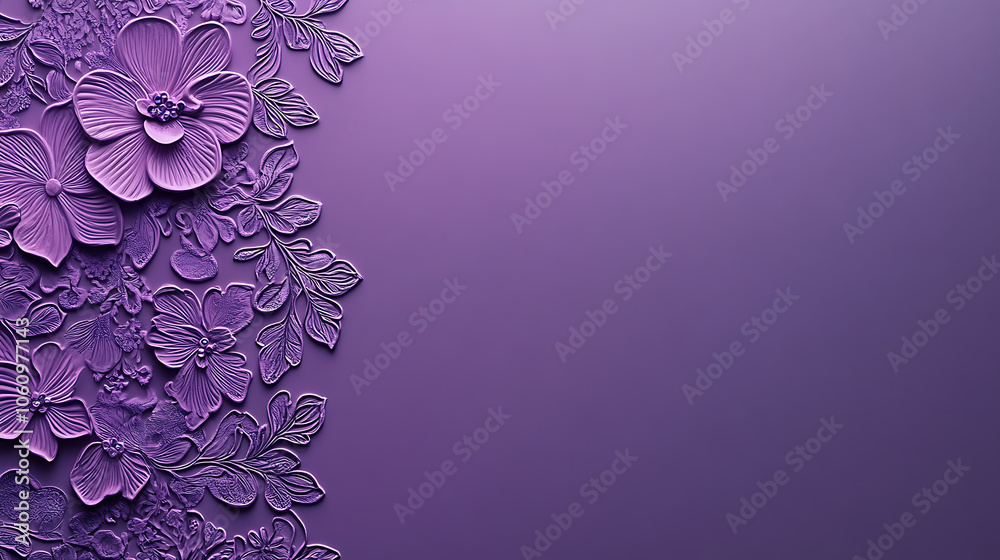 Poster violet purple background with lace, inspired floral patterns on the left side, creating an elegant a