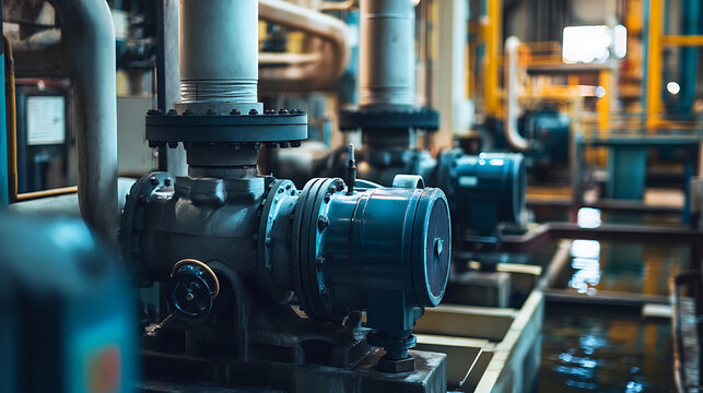 View of water pumps within a large power plant, emphasizing their scale and importance in operations