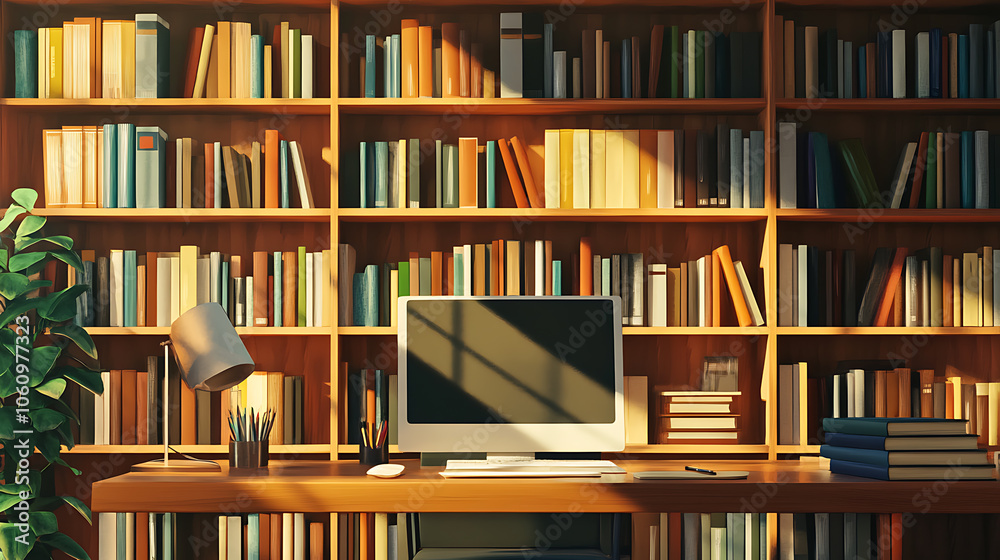 Poster zoom virtual background of office room with bookcase professional remote work setup