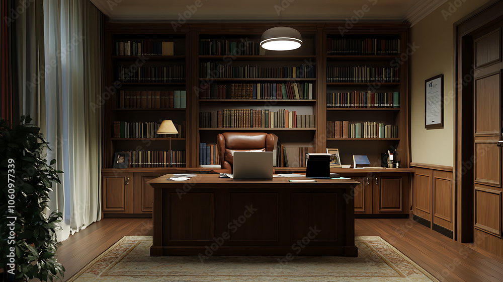 Poster zoom virtual background of office room with bookcase professional remote work setup