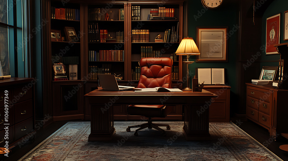 Aufkleber zoom virtual background of office room with bookcase professional remote work setup