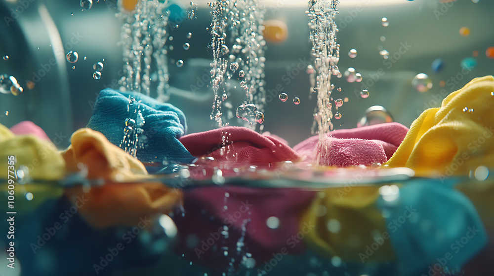 Poster washing machine or detergent with floating clothes under water with bubbles and wet splashes