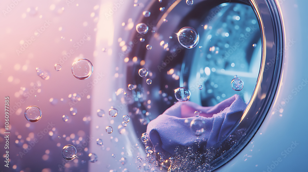 Poster washing machine or detergent with floating clothes under water with bubbles and wet splashes