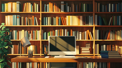 Fototapeta premium zoom virtual background of office room with bookcase professional remote work setup