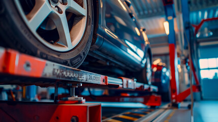 Car Alignment Check: Grid sensor sets for alignment camber check on a car in a workshop, focusing on the mechanic's use of advanced technology for accurate diagnostics.