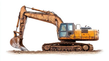 sleek excavator sits in stark isolation against a pure white background, showcasing its robust design, perfect for construction and earth-moving tasks