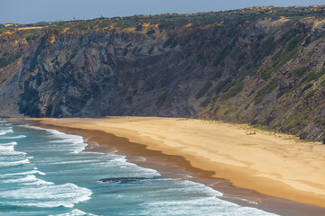 view of the beach Praia do Medo da Fonte Santa on the western part of Algarve, Portugal