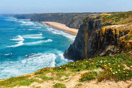 view of the beach Praia do Medo da Fonte Santa on the western part of Algarve, Portugal