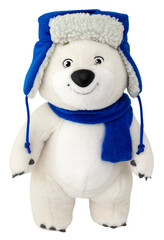 White teddy bear in a blue winter hat and scarf. Isolated object on a transparent background. Design element