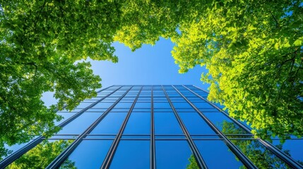 sleek, modern office building framed by lush green trees under a bright blue sky, showcasing a commitment to sustainability and eco-friendly design