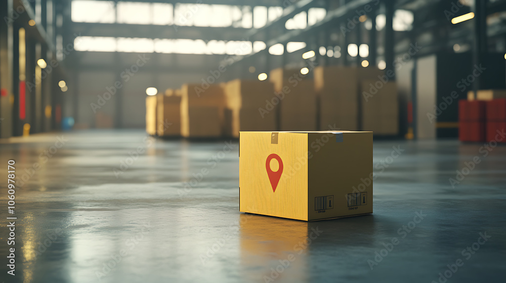 Poster a parcel with location indication awaits dispatch at the distribution warehouse