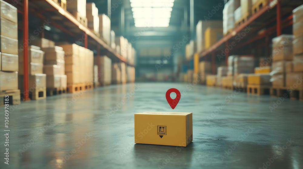 Poster a parcel with location indication awaits dispatch at the distribution warehouse
