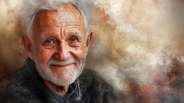 smiling older man portrait, exuding warmth and kindness, against a soft background that highlights the joy and wisdom of age in a heartwarming illustration