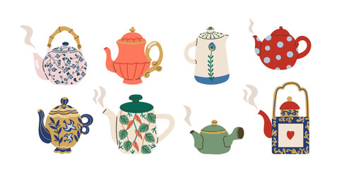 Modern and vintage teapots drawings set. Wavy stripes with trendy spots bright green vessel red decoration flower and yellow heart brewing ceramic hares head floral ethnic ornament. Vector cartoon.