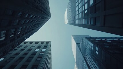Fototapeta premium A low-angle view of skyscrapers reaching towards the sky, creating a dramatic urban scene.