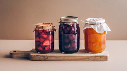 Three Retro Style Jam Jars Filled with Rich Colored Fruit Preserves on Neutral Background for Kitchen Decor or Culinary Design