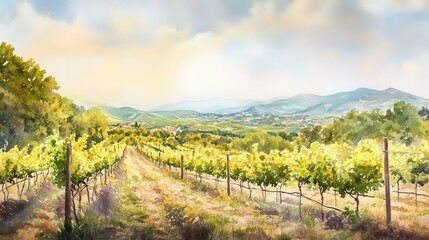 Naklejka premium soft pastel watercolor depiction of idyllic mediterranean vineyards, with gentle rolling hills and lush grapevines under a serene sky, evoking a sense of tranquility and rustic charm
