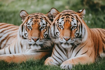 Obraz premium Two tigers resting close together in a grassy field during warm afternoon light showcasing their stripes