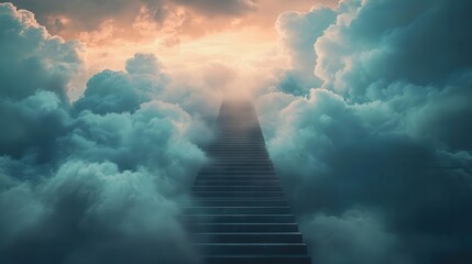 stairway ascending into a dreamlike cloud-filled sky, symbolizing hope and aspiration, with soft, ethereal lighting that envelops the scene in a sense of tranquility