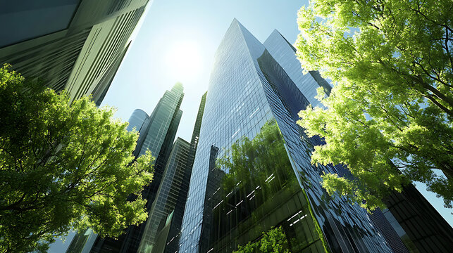 corporate glass building facade reflecting green trees exemplifying esg environmental social governance sustainability in business 3d rendering