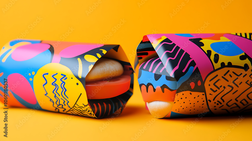 Aufkleber creative burger wrapper design with colorful graphics and patterns fast food packaging concept