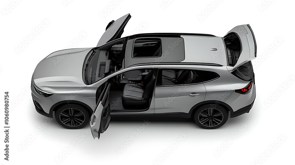 Poster isolated simple and metallic SUV car with open doors from top view on a white background that is easily removable