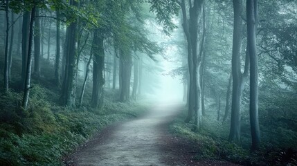 Obraz premium A quiet path in a forest enveloped in fog, with soft light filtering through the trees and creating an inviting yet mysterious atmosphere.