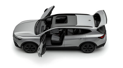 isolated simple and metallic SUV car with open doors from top view on a white background that is easily removable
