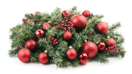 Fototapeta premium Red Christmas Ornaments and Evergreen Sprigs