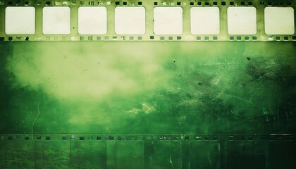 35mm Aged Green Film Strip Texture with Heavy Scratches and Grain for Retro Cinema Projects, Vintage Photo Overlays, or Nostalgic Media Design Backgrounds
