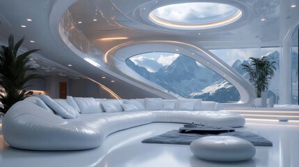 Fototapeta premium A modern, luxurious living room with panoramic mountain views and sleek design.