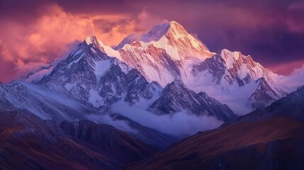 Fototapeta premium stunning panorama of the tibetan mountains, snow-capped peaks illuminated by the warm hues of a sunset, evoking a sense of awe and grandeur in nature