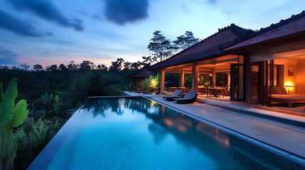 Fototapeta premium luxurious swimming pool villa at dusk
