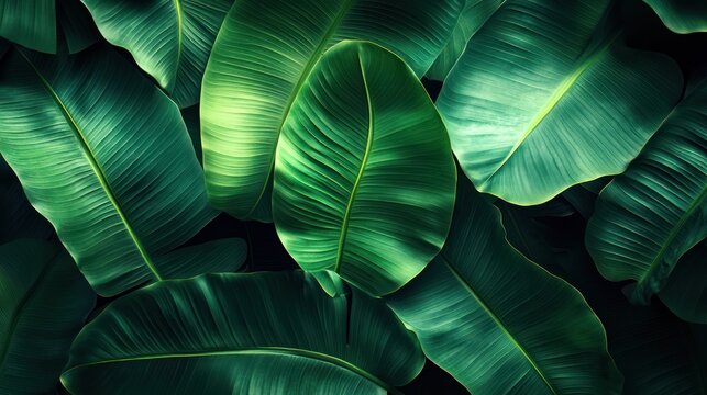 Close-up view of lush green banana leaves arranged in a tropical pattern.