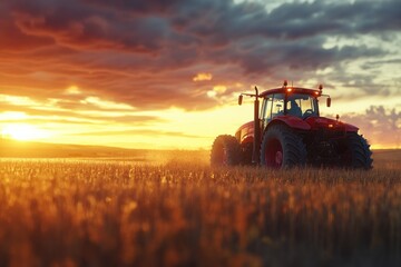 Fototapeta premium Tractor at Sunset Over Golden Field