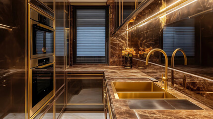 Fototapeta premium luxury kitchen sink with gold faucet and marble countertop